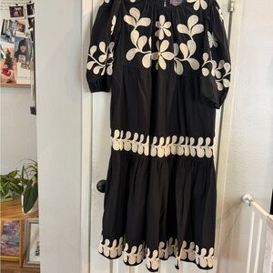Anthropologie Black Maxi Dress with Cream Floral Embroidery Accents